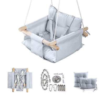 CaTeam Canvas Baby Wooden Hanging Swing Hammock Chair with Safety Belt, Gray - VMInnovations