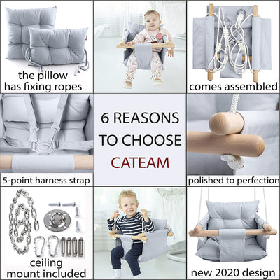 CaTeam Canvas Baby Wooden Hanging Swing Hammock Chair with Safety Belt, Gray - VMInnovations