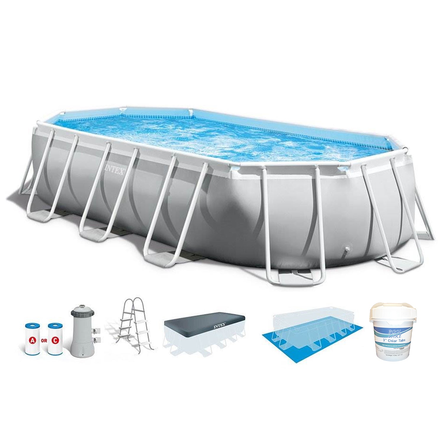 Intex 20ft x 10ft x 48in Prism Frame Oval Swimming Pool Kit w/ Chlorine Tabs - VMInnovations