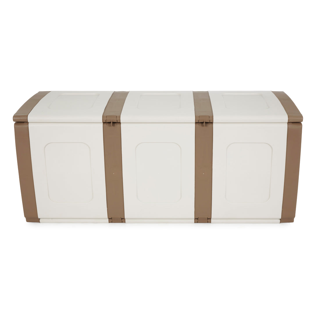 Homeplast Bold 79 Gallon Plastic Storage Trunk Resin Deck Box, Beige/White