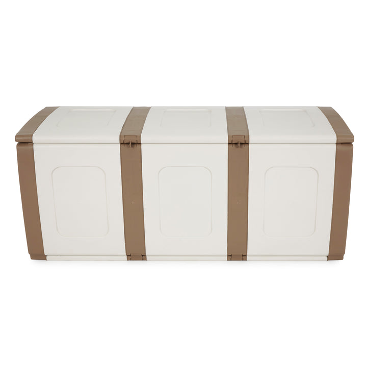 Homeplast Bold 79 Gallon Plastic Storage Trunk Resin Deck Box, Beige/White