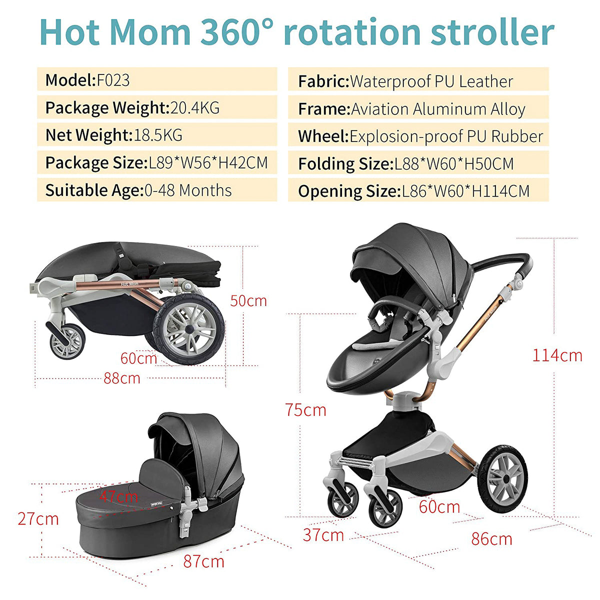 Hot Mom 360 Degree Rotating Baby Carriage Pushchair Pram Stroller, Dark Grey - VMInnovations