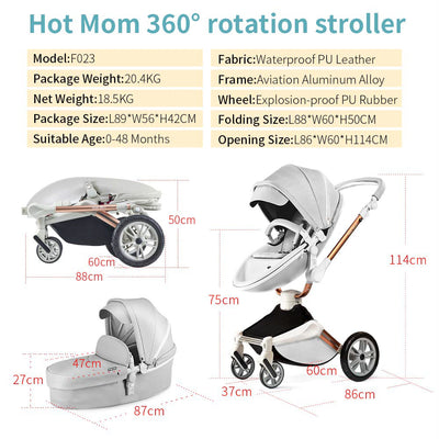 Hot Mom 360 Degree Rotating Baby Carriage Leather Pushchair Pram Stroller, Grey - VMInnovations