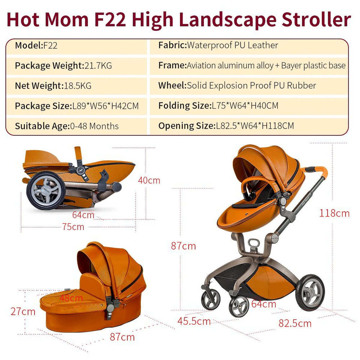Hot Mom 360 Degree Rotating Baby Carriage High Landscape Pram Stroller, Brown - VMInnovations