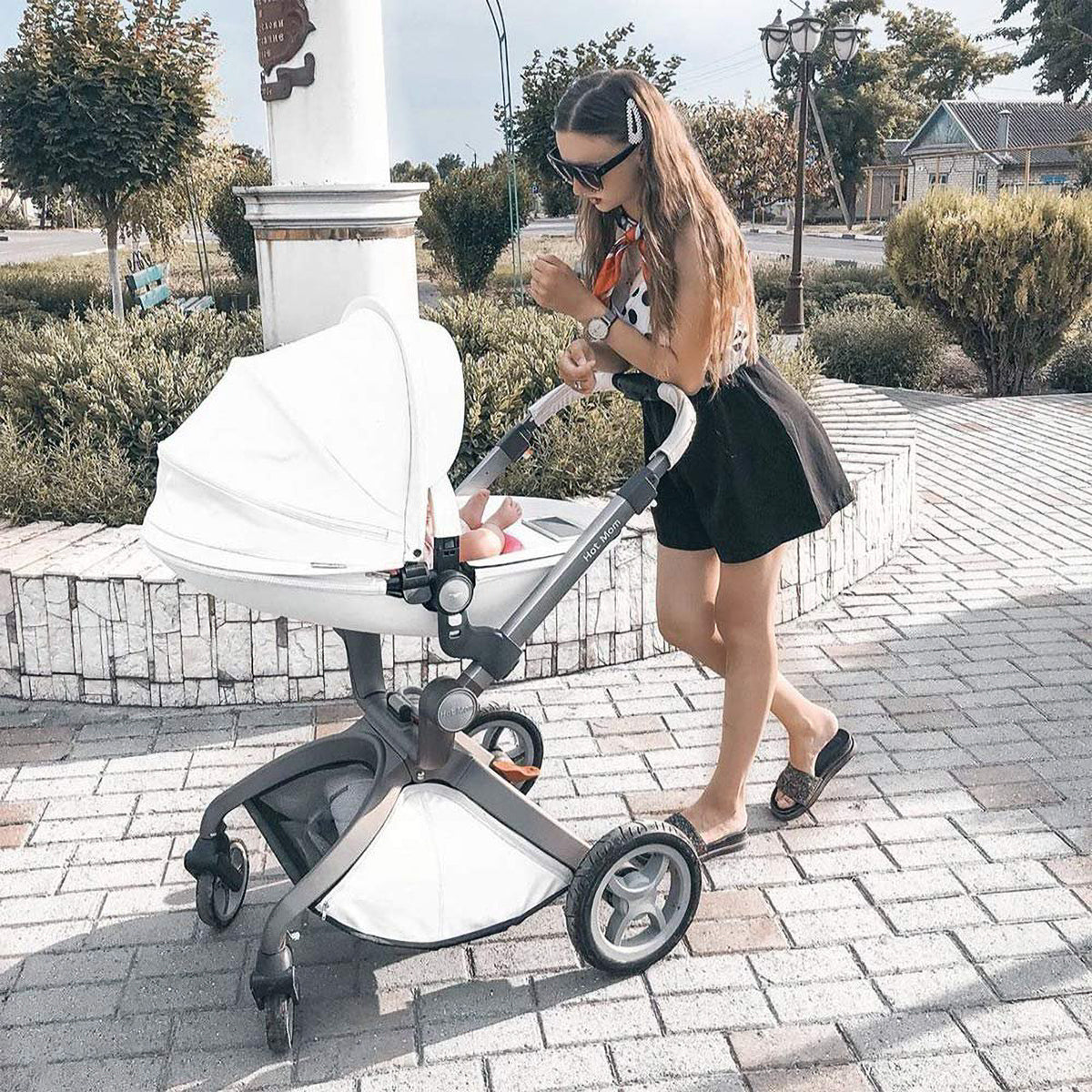 Hot Mom 360 Degree Rotating Baby Carriage High Landscape Pram Stroller, White - VMInnovations