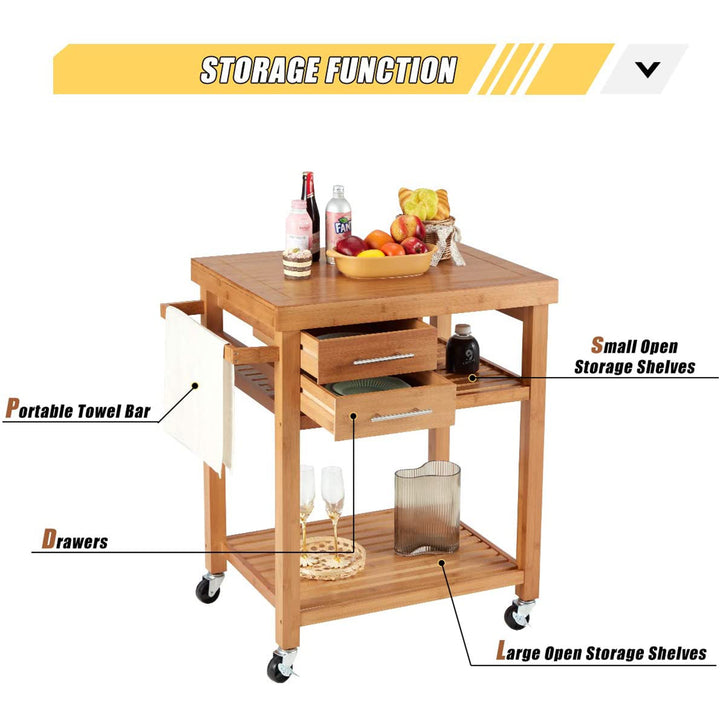 EROMMY Multipurpose Rolling Bamboo Wood Kitchen Island Trolley Cart (Used)