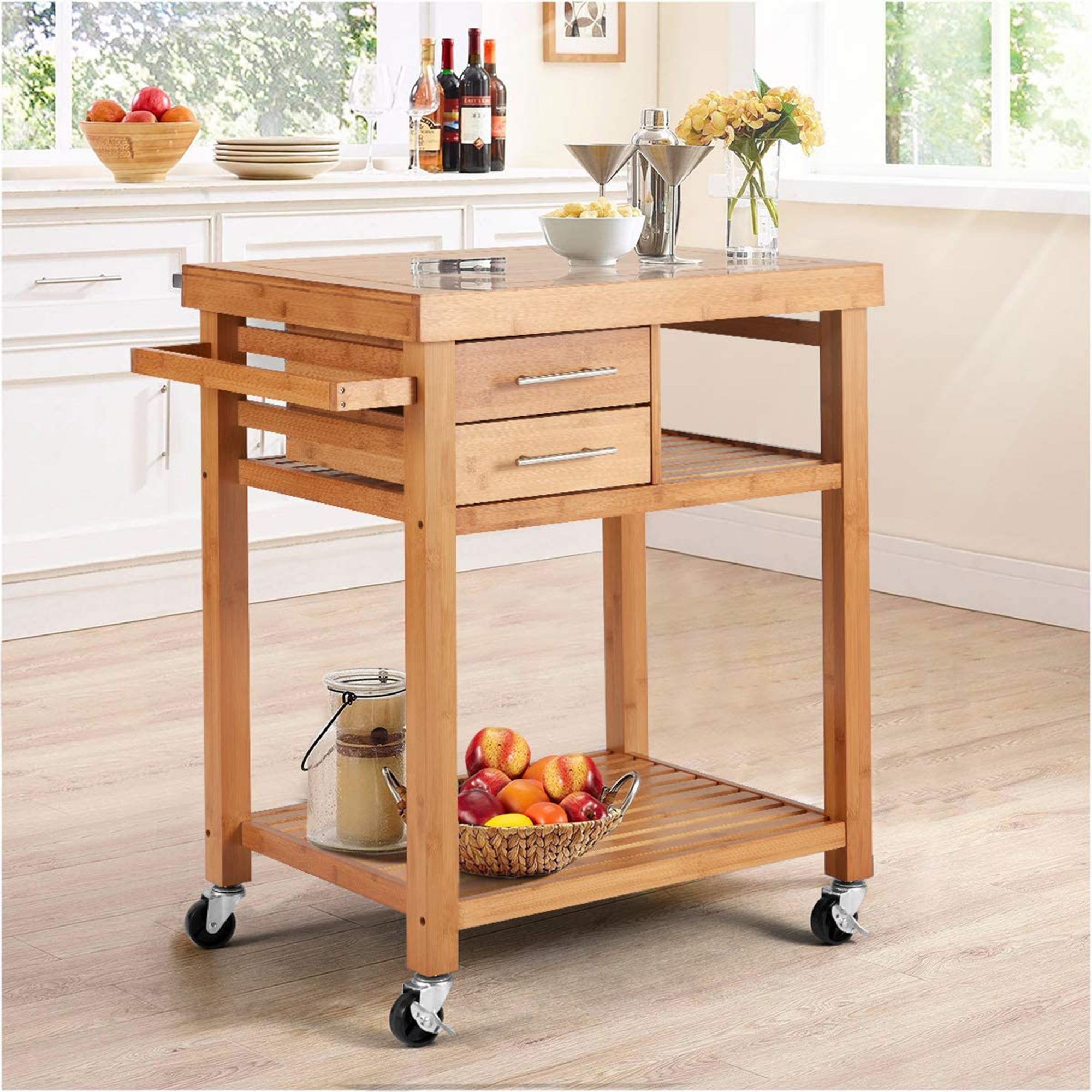 EROMMY Multipurpose Rolling Bamboo Wood Kitchen Island Trolley Cart (Open Box) - VMInnovations