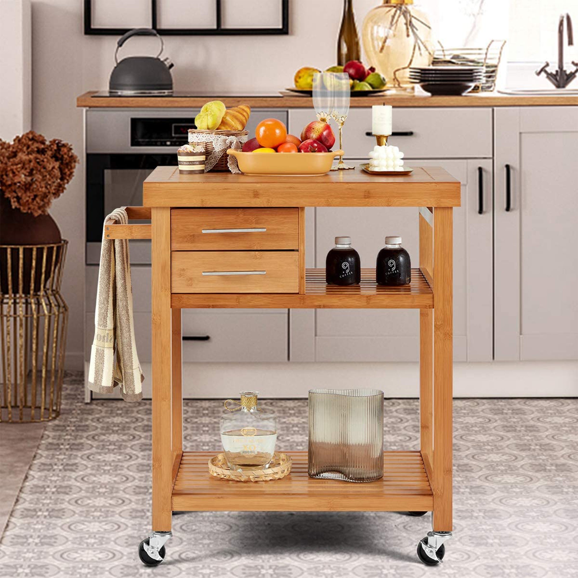 EROMMY Multipurpose Rolling Bamboo Wood Kitchen Island Trolley Cart (Open Box) - VMInnovations