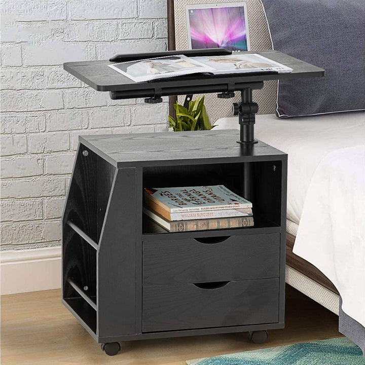 EROMMY Swivel Top Adjustable Height Bedside End Table w/Storage Drawers, Black