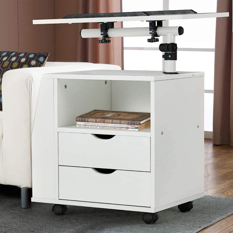 EROMMY Swivel Top Adjustable Height Bedside End Table w/Storage Drawers, White