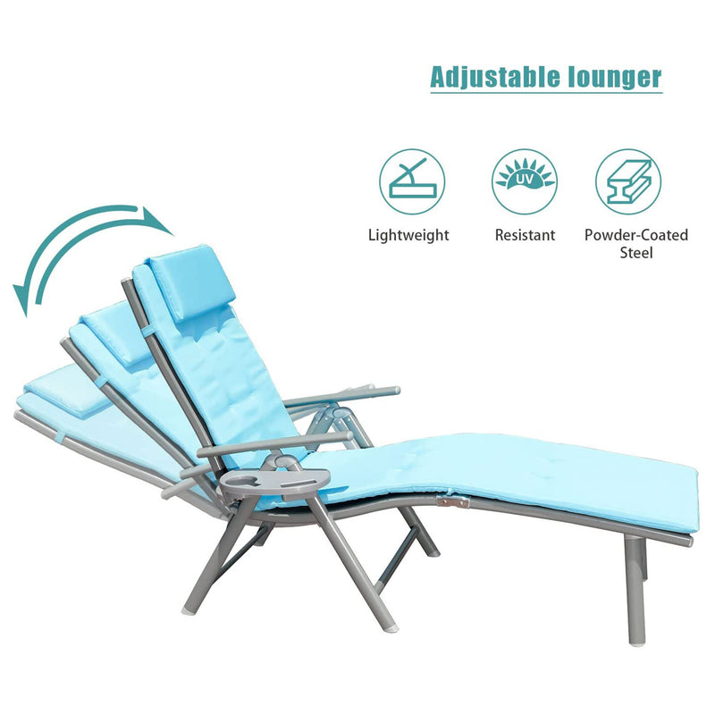GOLDSUN Aluminum Outdoor Folding Reclining Lounge Chair with Cup Holder, Blue