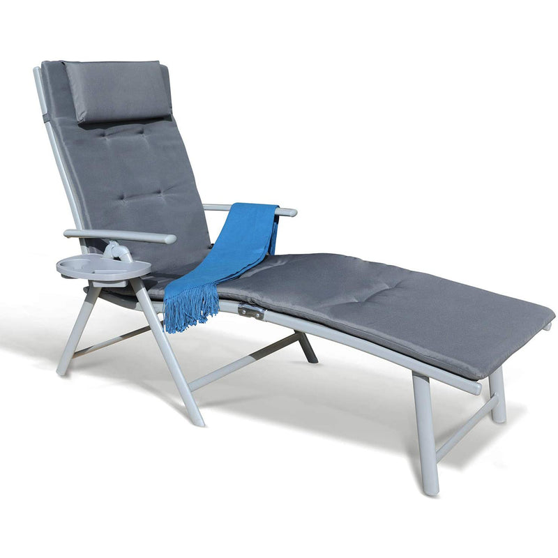 GOLDSUN Outdoor Folding Reclining Cushioned Lounge Chair with Cup Holder, Grey