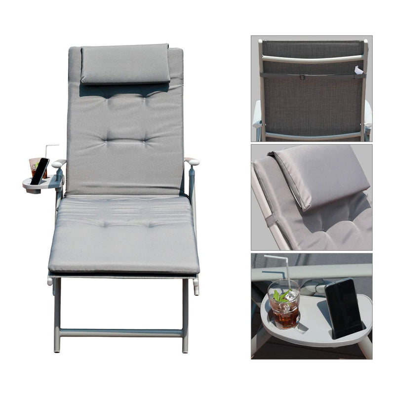 GOLDSUN Outdoor Folding Reclining Cushioned Lounge Chair with Cup Holder, Grey