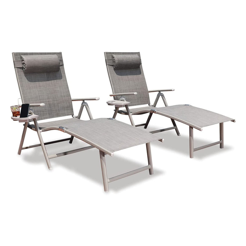 GOLDSUN Outdoor Folding Reclining Lounge Chair with Cup Holder, Set of 2, Grey