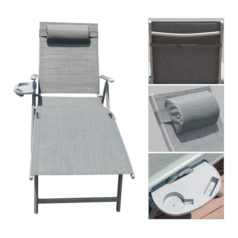 GOLDSUN Outdoor Folding Reclining Lounge Chair with Cup Holder, Set of 2, Grey