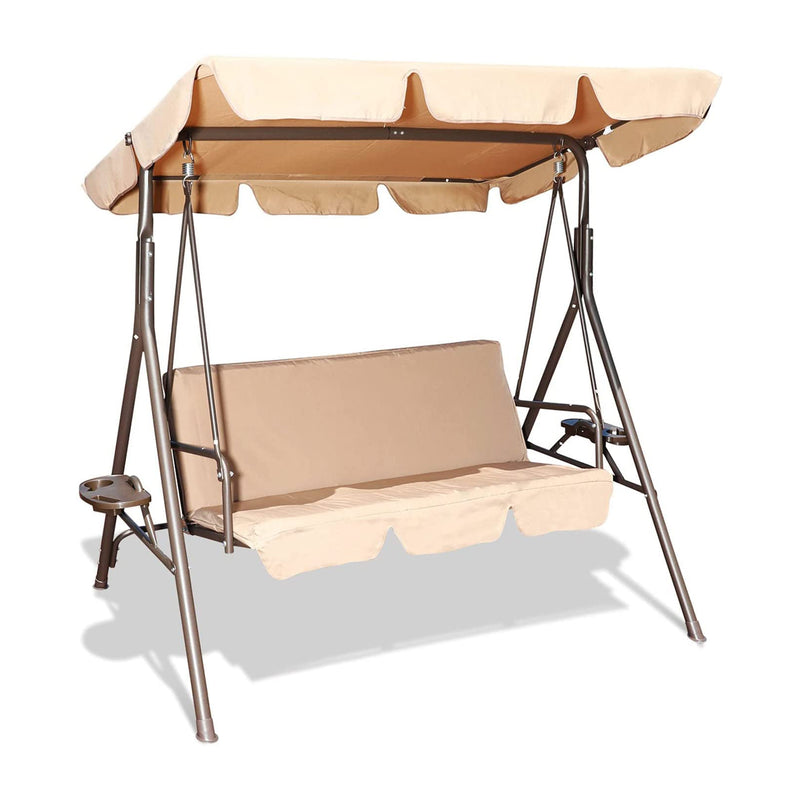 GOLDSUN 3 Person Swing Hammock w/Utility Tray, Removable Cushion & Canopy, Beige