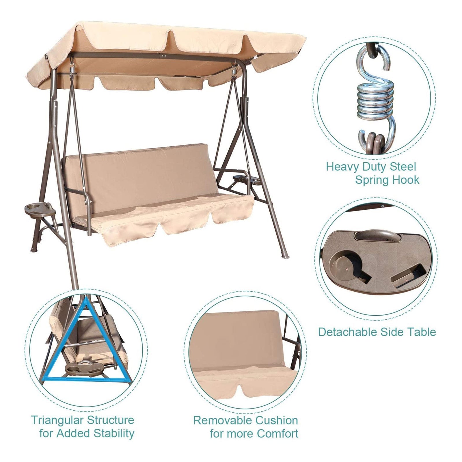 GOLDSUN 3 Person Swing Hammock Utility Tray, Cushion & Canopy, Beige (Open Box) - VMInnovations