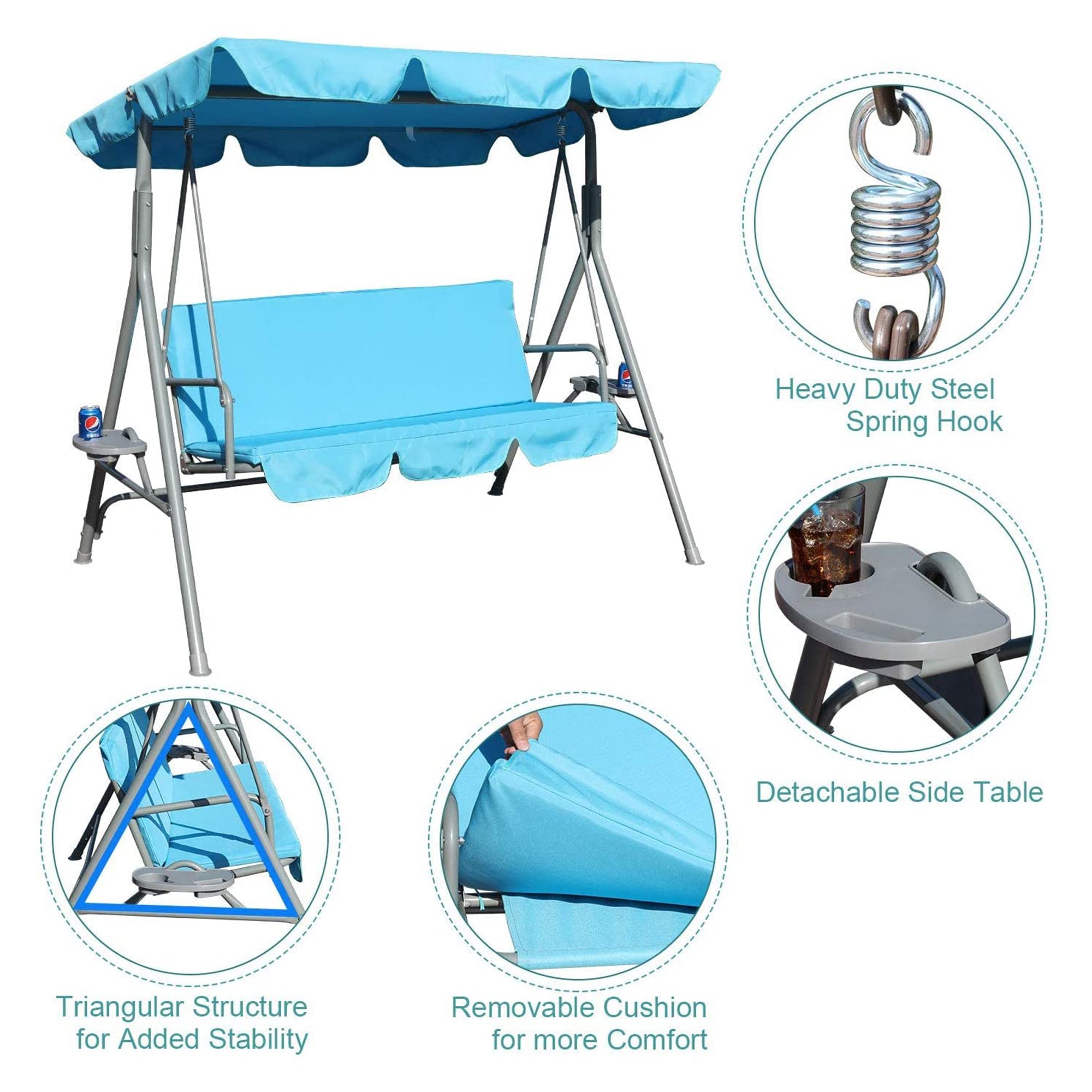 GOLDSUN 3 Person Swing w/Utility Tray, Removable Cushion & Canopy, (Used) - VMInnovations