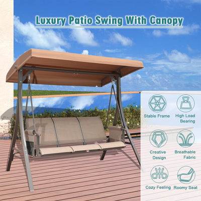 GOLDSUN 3 Person Patio Glider Swing Chair with Storage Pocket and Canopy, Brown
