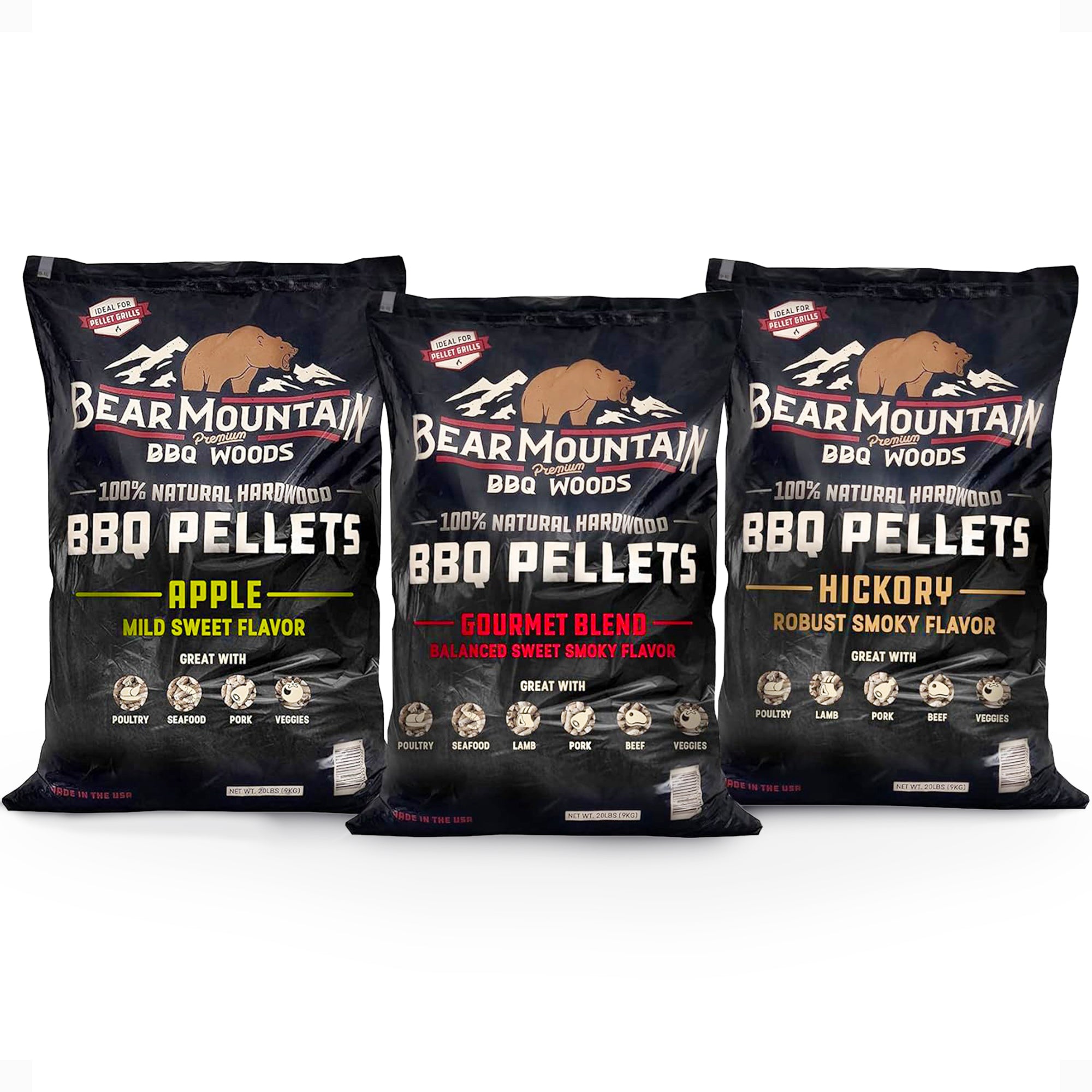 Bear Mountain BBQ Hardwood Gourmet Blend, Hickory, & Apple Pellets, 20 Lb Bags - VMInnovations
