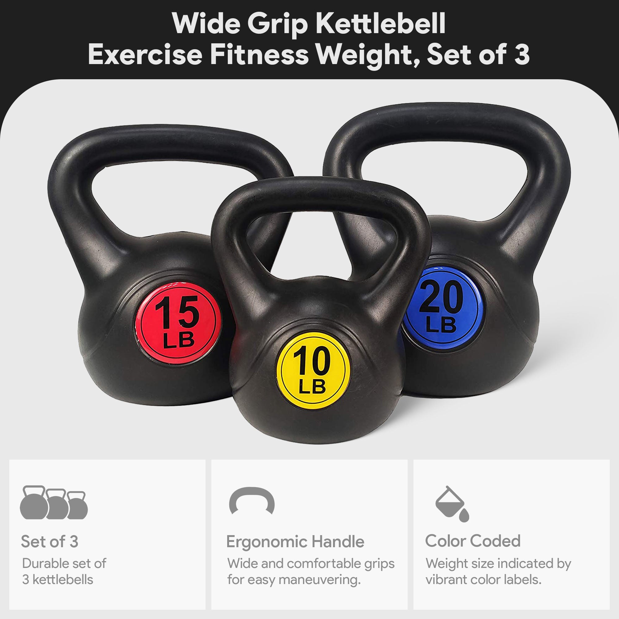 BalanceFrom Kettlebell Fitness Weights, Set of 3, 10, 15, and 20 Pounds (Used) - VMInnovations