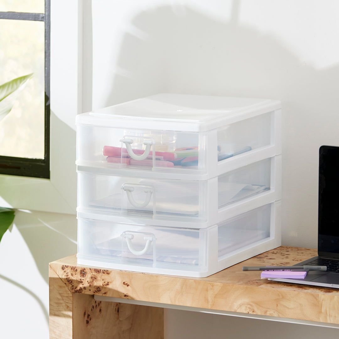 Clear Mini 3 Drawer Desk and Office Organizer with White Finish (Used) - VMInnovations
