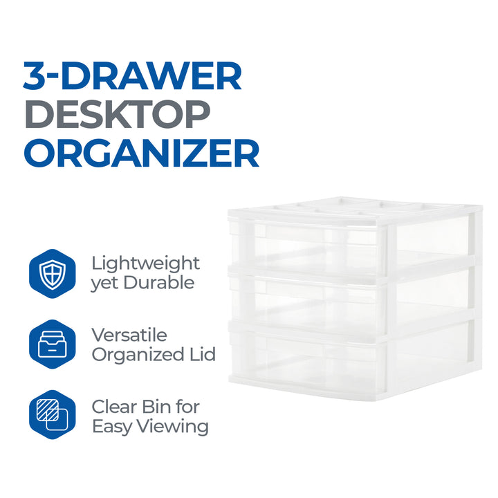 Gracious Living 3 Drawer Desktop Countertop Storage with Organizer Lid, White