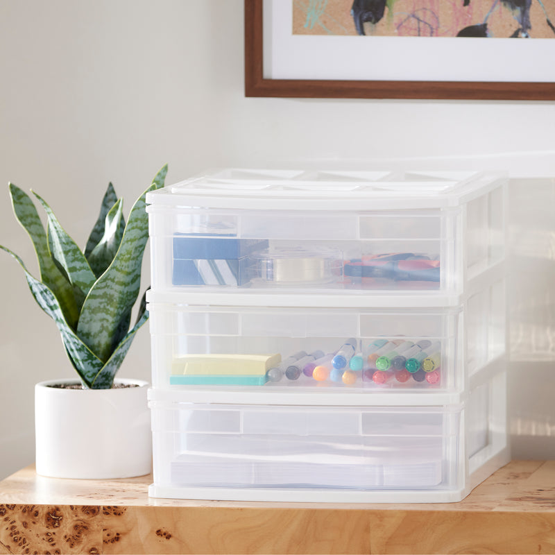 Gracious Living 3 Drawer Desktop Countertop Storage with Organizer Lid, White