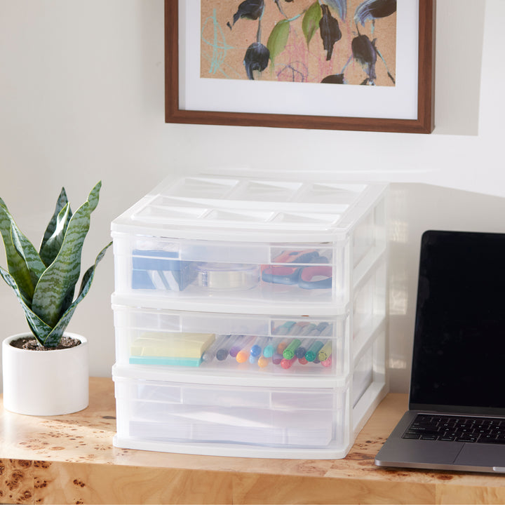 Gracious Living 3 Drawer Desktop Countertop Storage with Organizer Lid, White