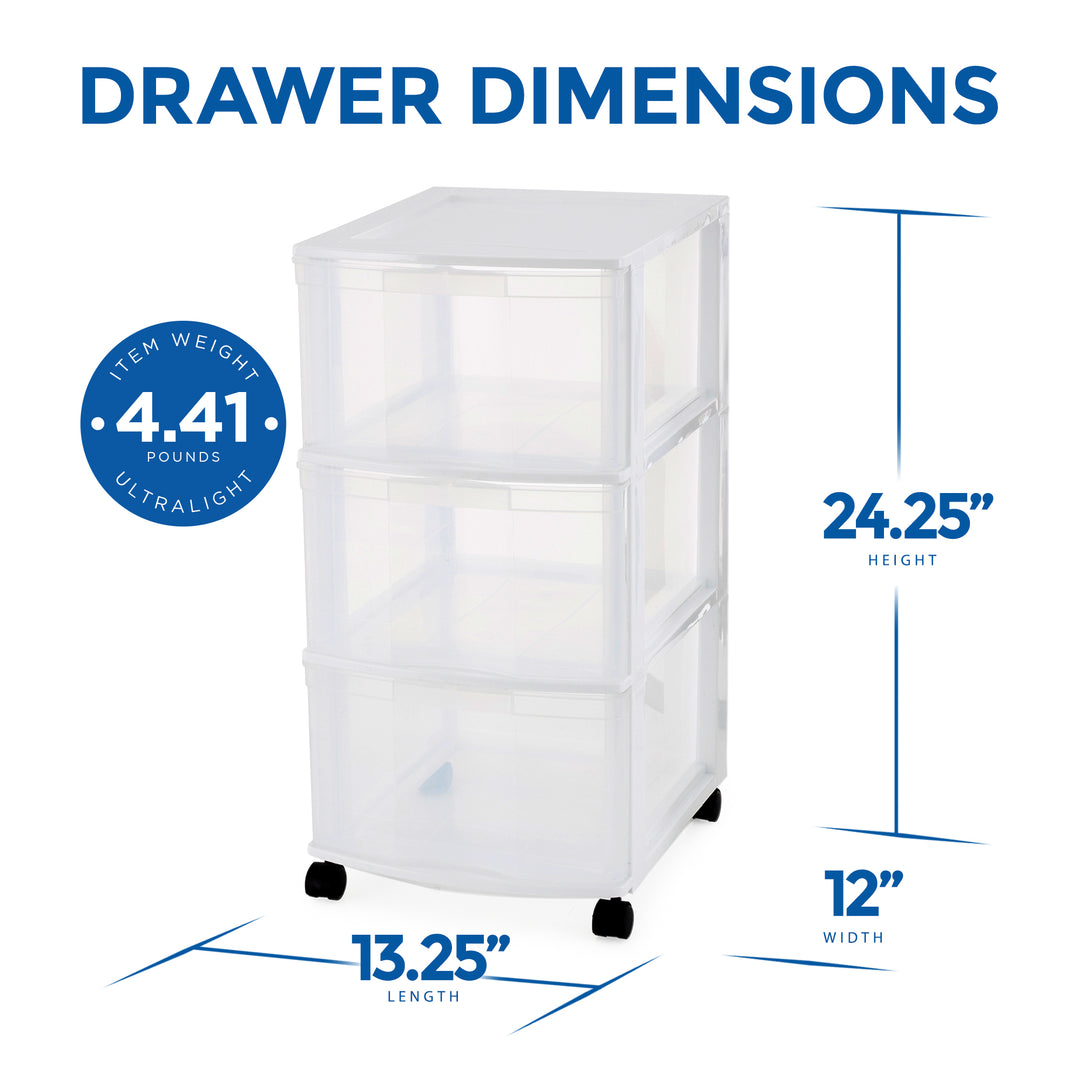 Gracious Living Classic 3 Drawer Organizer Plastic Storage Cart w/ Wheels, White