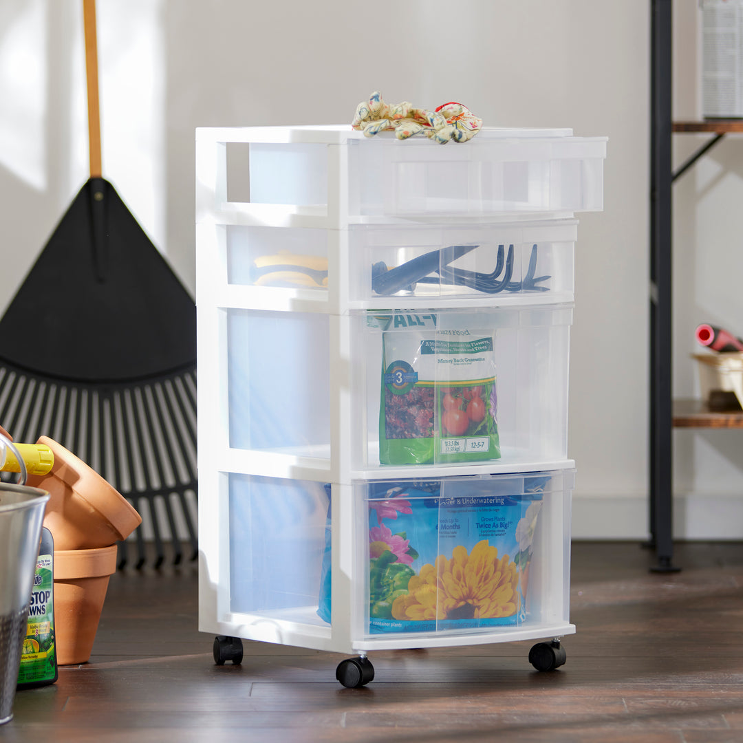 Gracious Living Resin Clear 4 Drawer Storage Chest System with Casters, White - VMInnovations