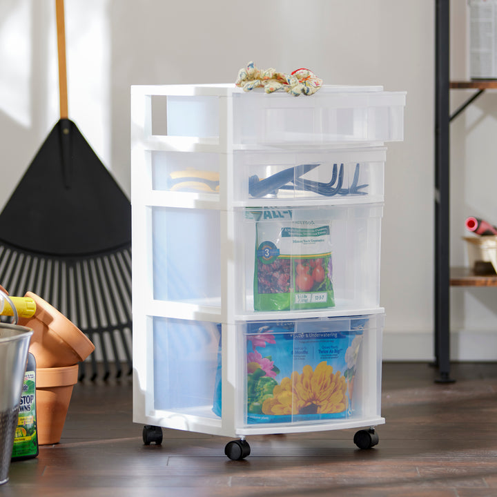 Gracious Living Resin Clear 4 Drawer Storage Chest System with Casters, White - VMInnovations