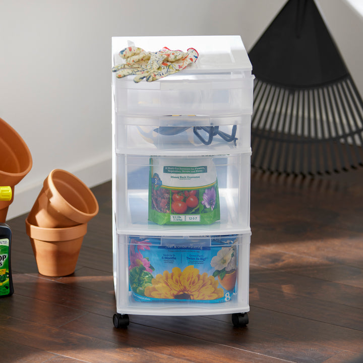 Gracious Living Resin Clear 4 Drawer Storage Chest System with Casters, White - VMInnovations