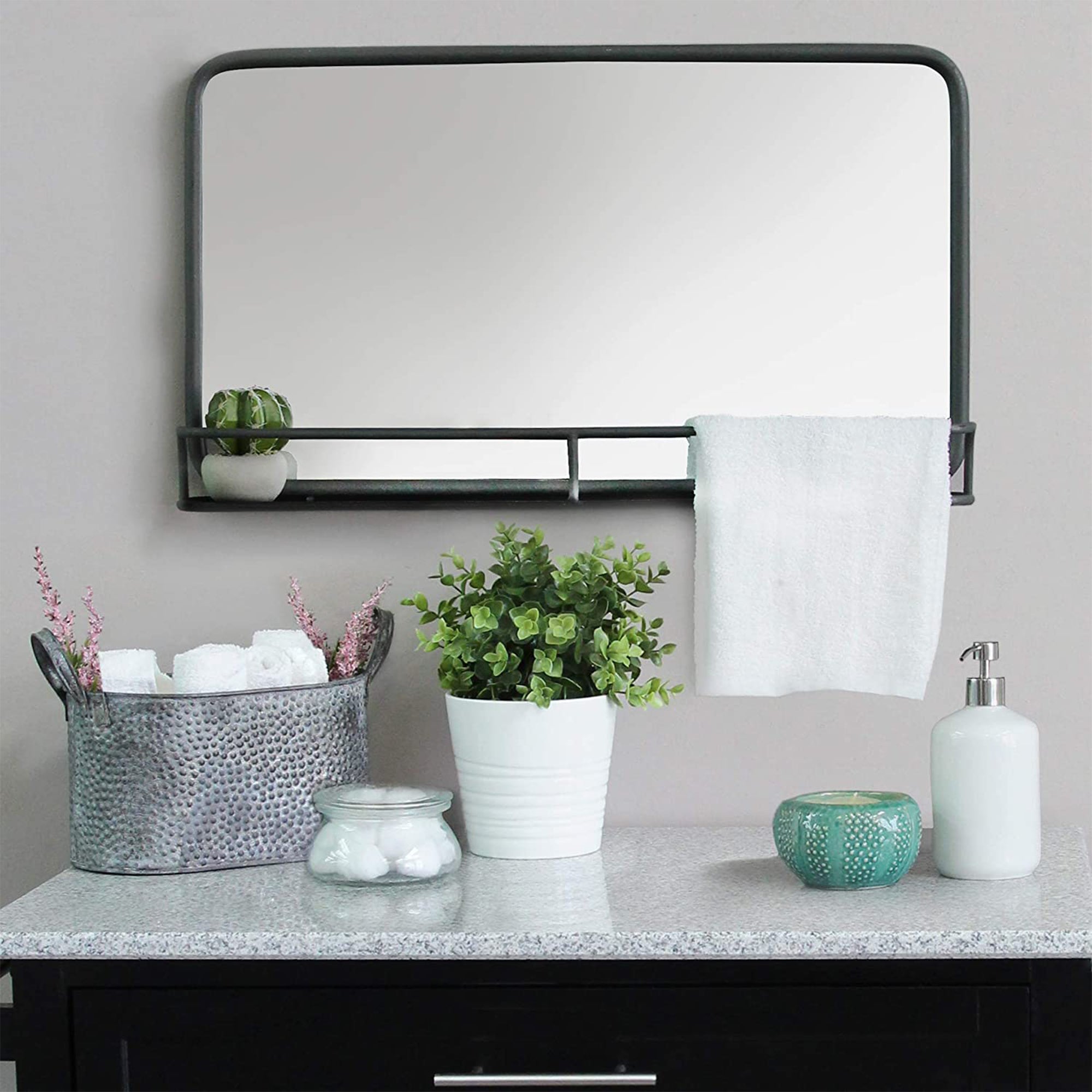 Stratton Home Decor Mason Industrial Metal Mirror with Display Shelf, Gunmetal