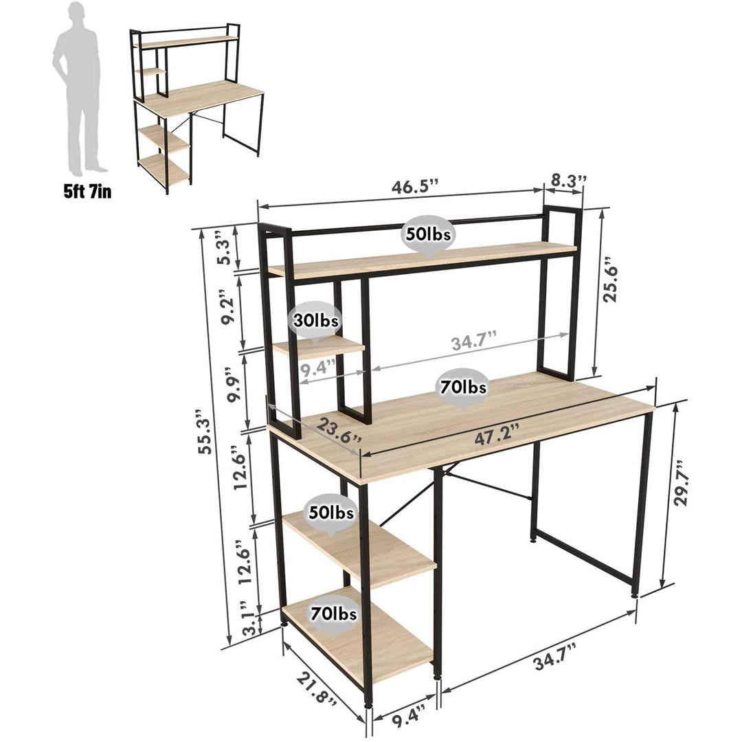 Nost & Host 47.2 Inch Modern Home Office Study Desk with 2 Tier Shelves, Oak