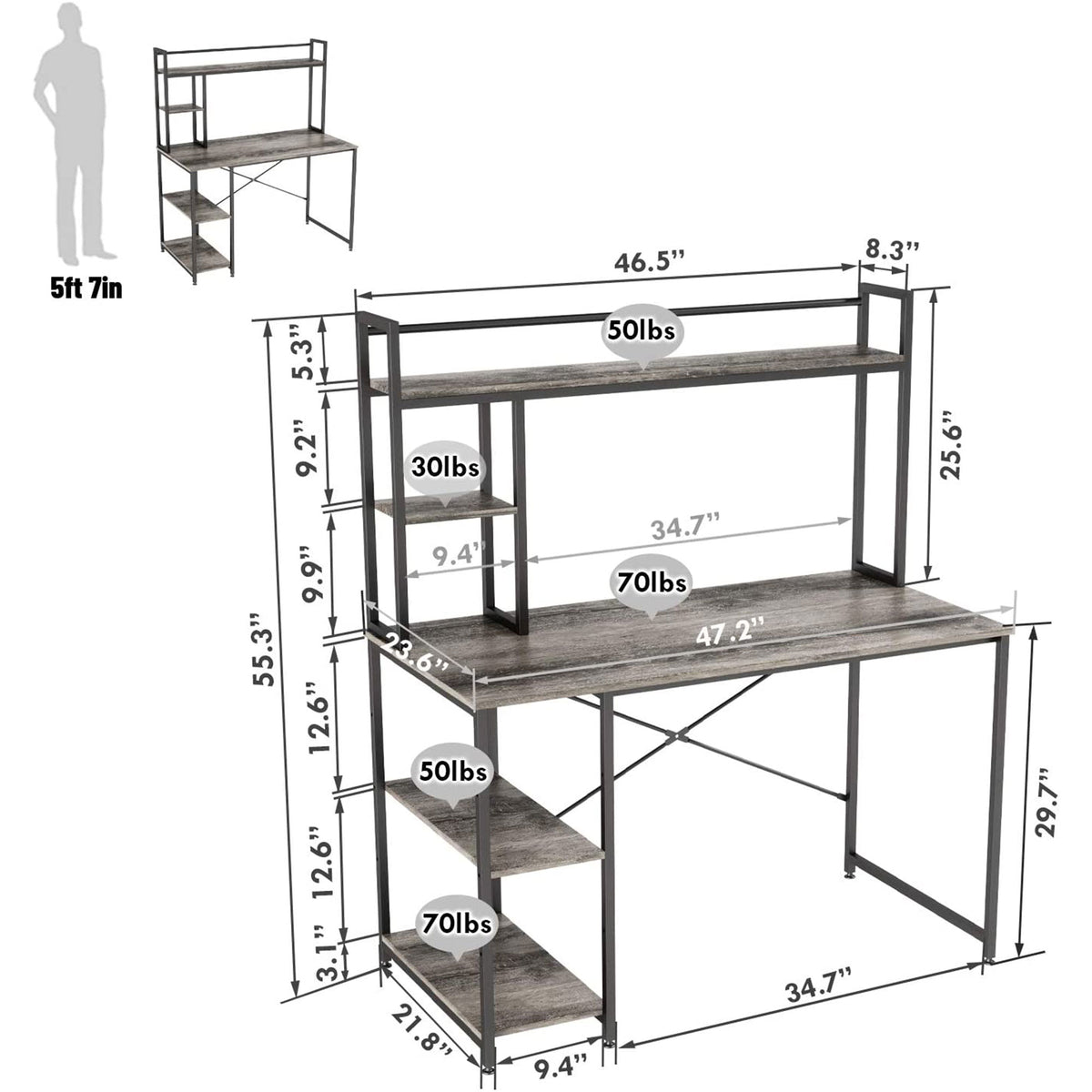 47.2 Inch Modern Home Office Study Desk with 2 Tier Shelves, Gray (Open Box)