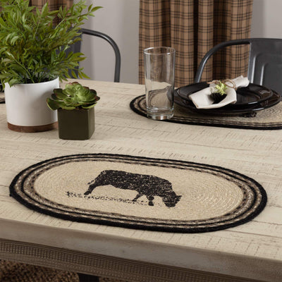VHC Brands Sawyer Mill 12 x 18 Inch Oval Jute Placemats, Cow, Set of 6, Charcoal