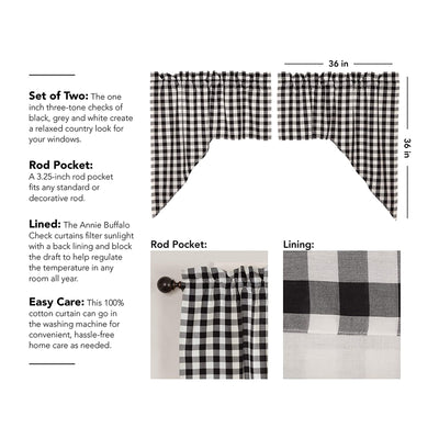VHC Brands Window Curtain Annie Buffalo Check Set, Black (2 Panels) (Open Box) - VMInnovations