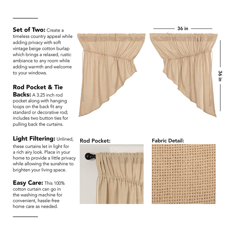 VHC Brands Burlap Cotton Window Curtain Prairie Swag Set (2 Panels) (Open Box)
