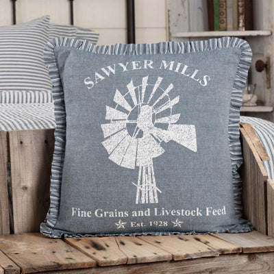 VHC Brands Sawyer Mill 18x18 Inch Square Accent Throw Pillow, Windmill, Blue