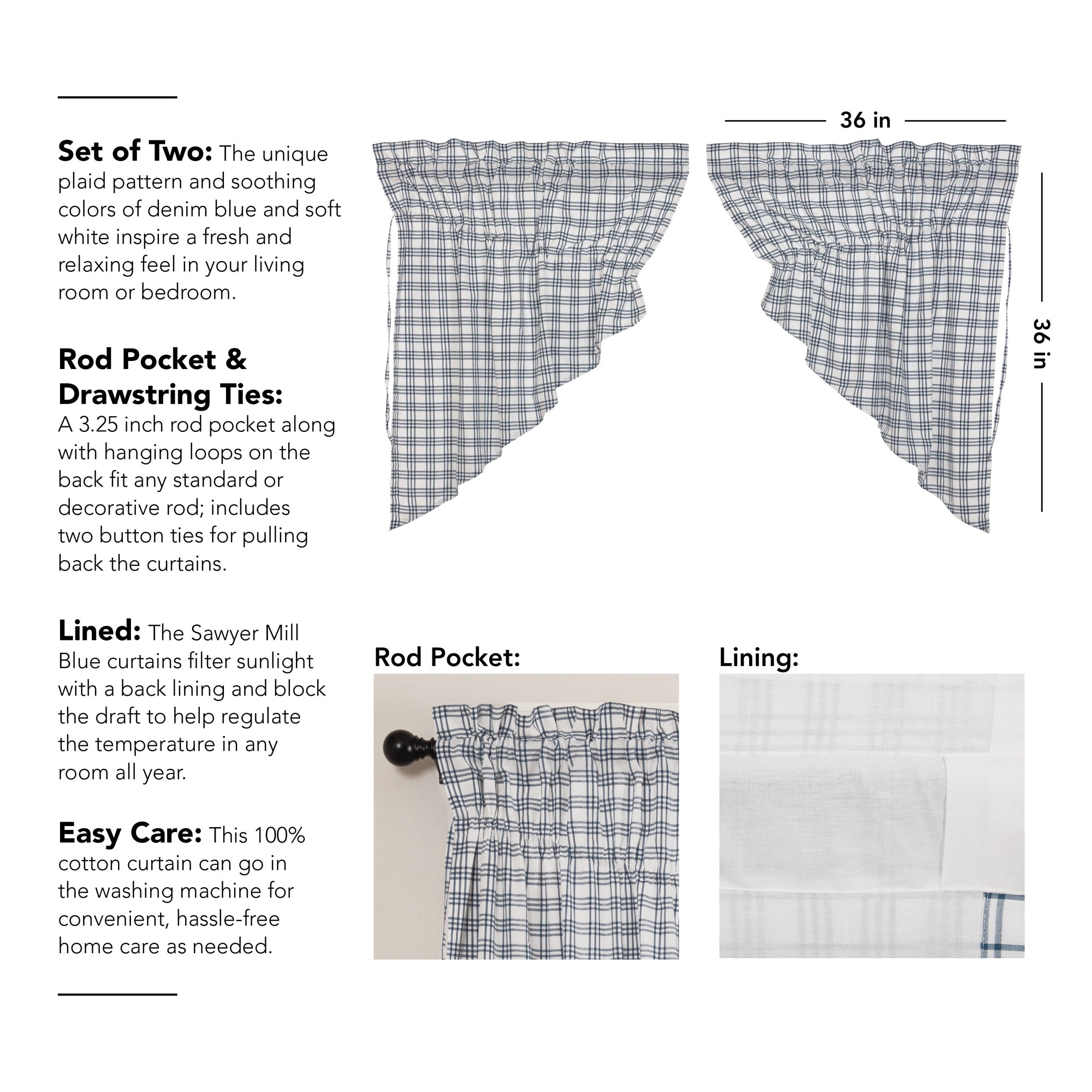 VHC Brands Sawyer Mill Plaid Window Curtain Prairie Swag Set (2) (Open Box)
