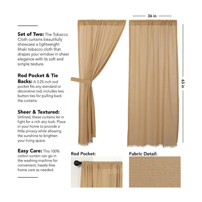 VHC Brands Tobacco Cloth Sheer Cotton Farmhouse Curtains Panel Set, Khaki Tan