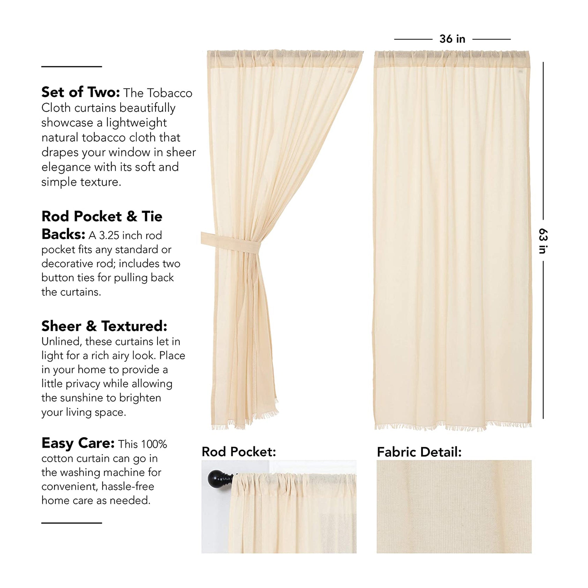VHC Brands Tobacco Cloth Sheer Cotton Farmhouse Curtains Panel Set, Natural