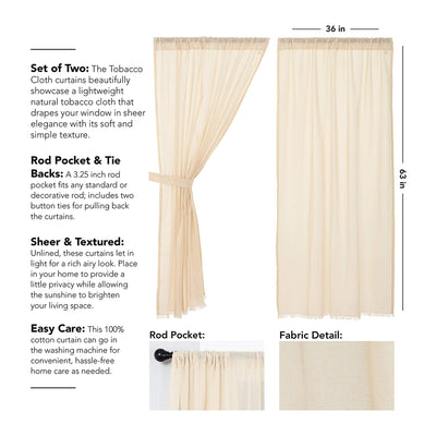 VHC Brands Tobacco Cloth Sheer Cotton Farmhouse Curtains Panel Set, Natural