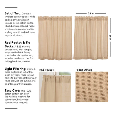 VHC Brands Farmhouse Burlap Vintage Cotton Tier Curtain Set, Tan (2 Panels)