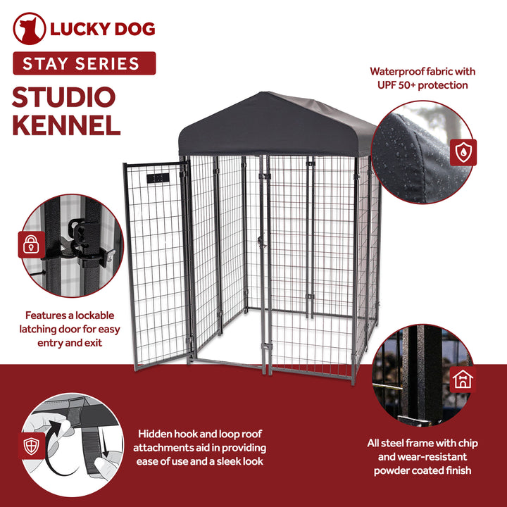 Lucky Dog STAY Series 4 x 4 x 6 Foot Roofed Steel Frame Studio Dog Kennel, Grey