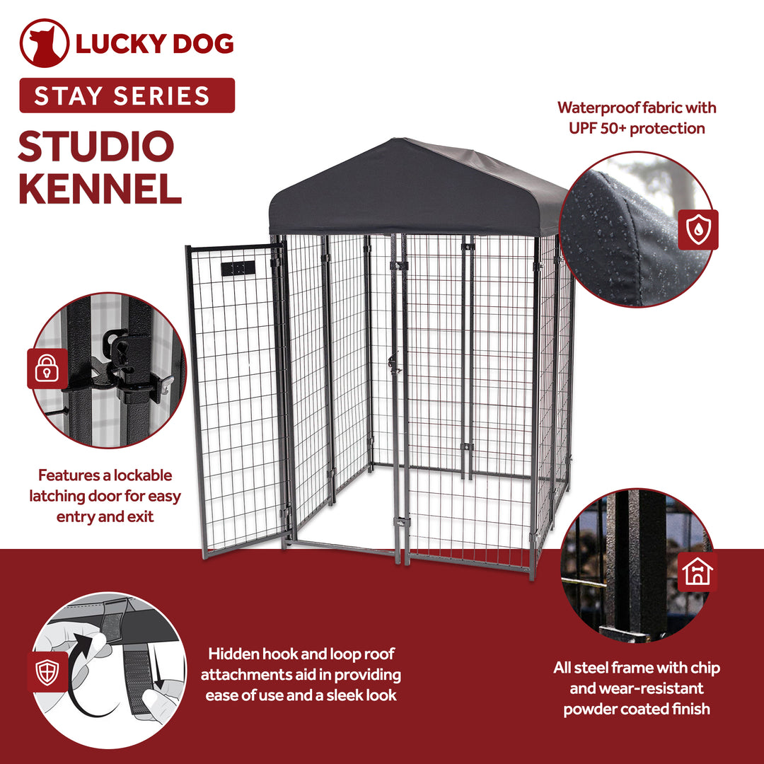 Lucky Dog STAY Series 4x4x6 Foot Roofed Steel Frame Dog Kennel, Gray (Open Box)