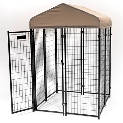 Lucky Dog STAY Series 4 x 4 x 6 Foot Roofed Steel Frame Studio Dog Kennel, Khaki