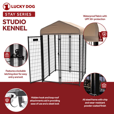 Lucky Dog STAY Series 4 x 4 x 6 Foot Roofed Steel Frame Studio Dog Kennel, Khaki - VMInnovations