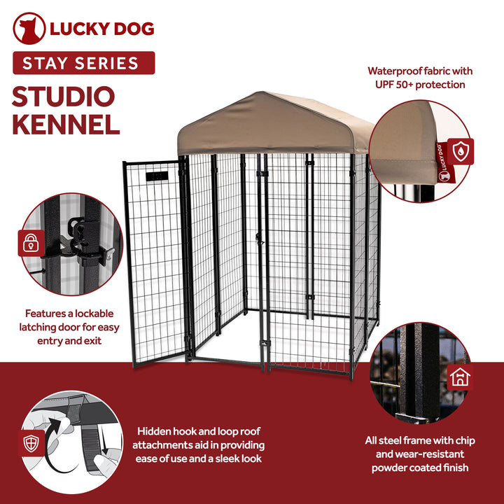 Lucky Dog STAY Series 4 x 4 x 6 Foot Roofed Steel Frame Studio Dog Kennel, Khaki